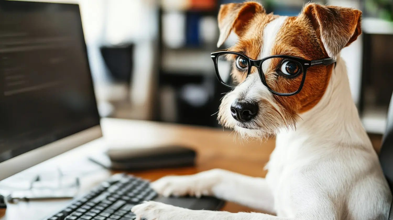 Hund mit Brille am Computertisch